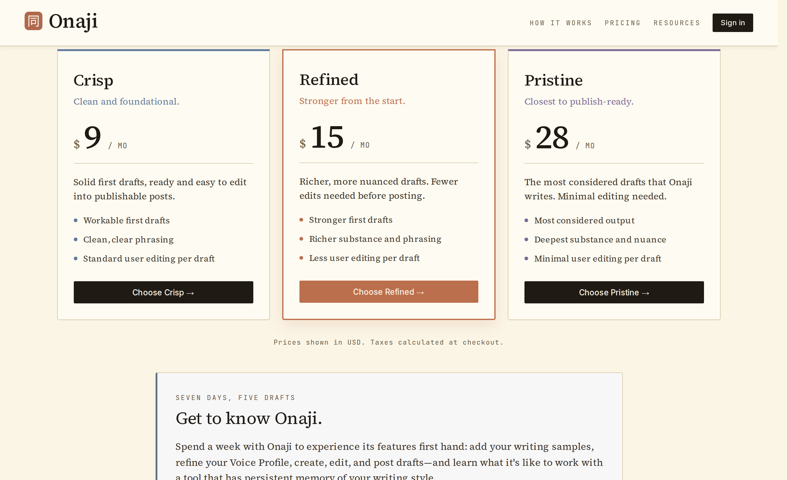 Onaji Crisp, Refined, and Pristine polish tiers on the pricing page