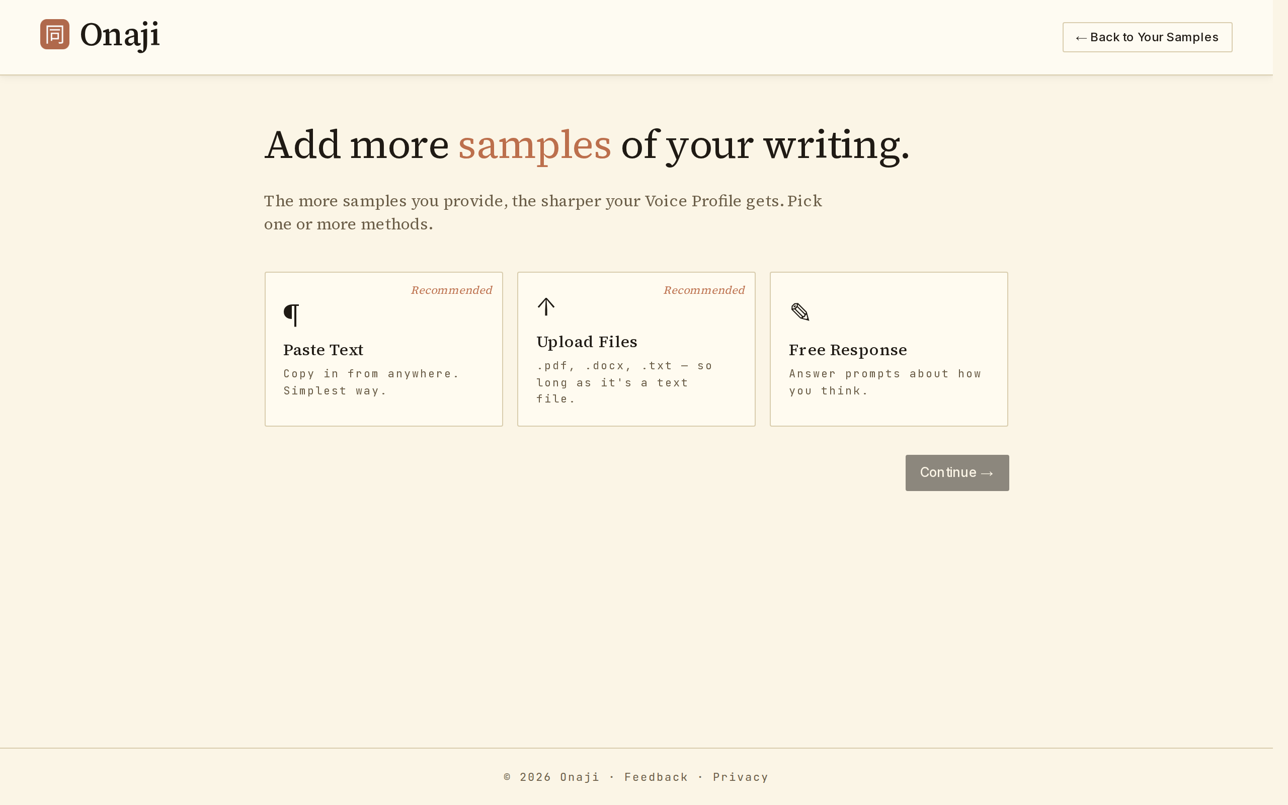 Onaji writing-samples upload panel in Settings