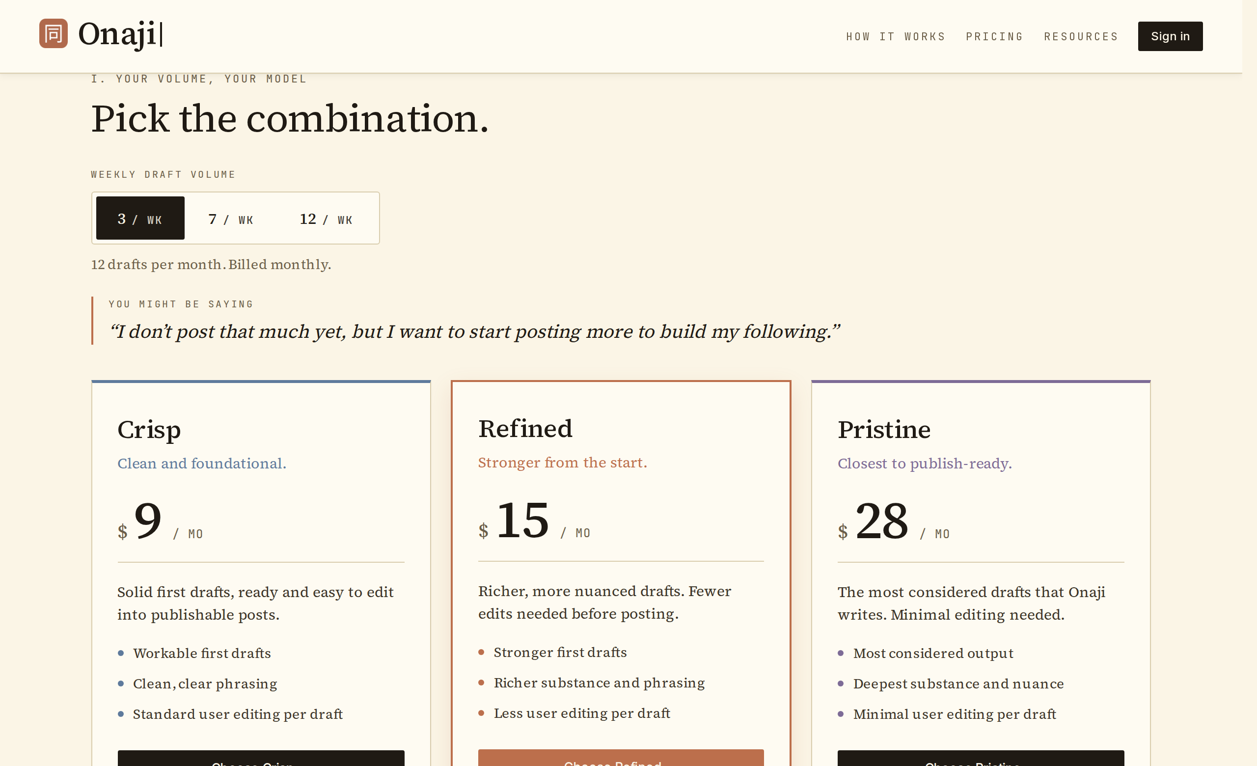 Onaji pricing grid across plans and polish levels