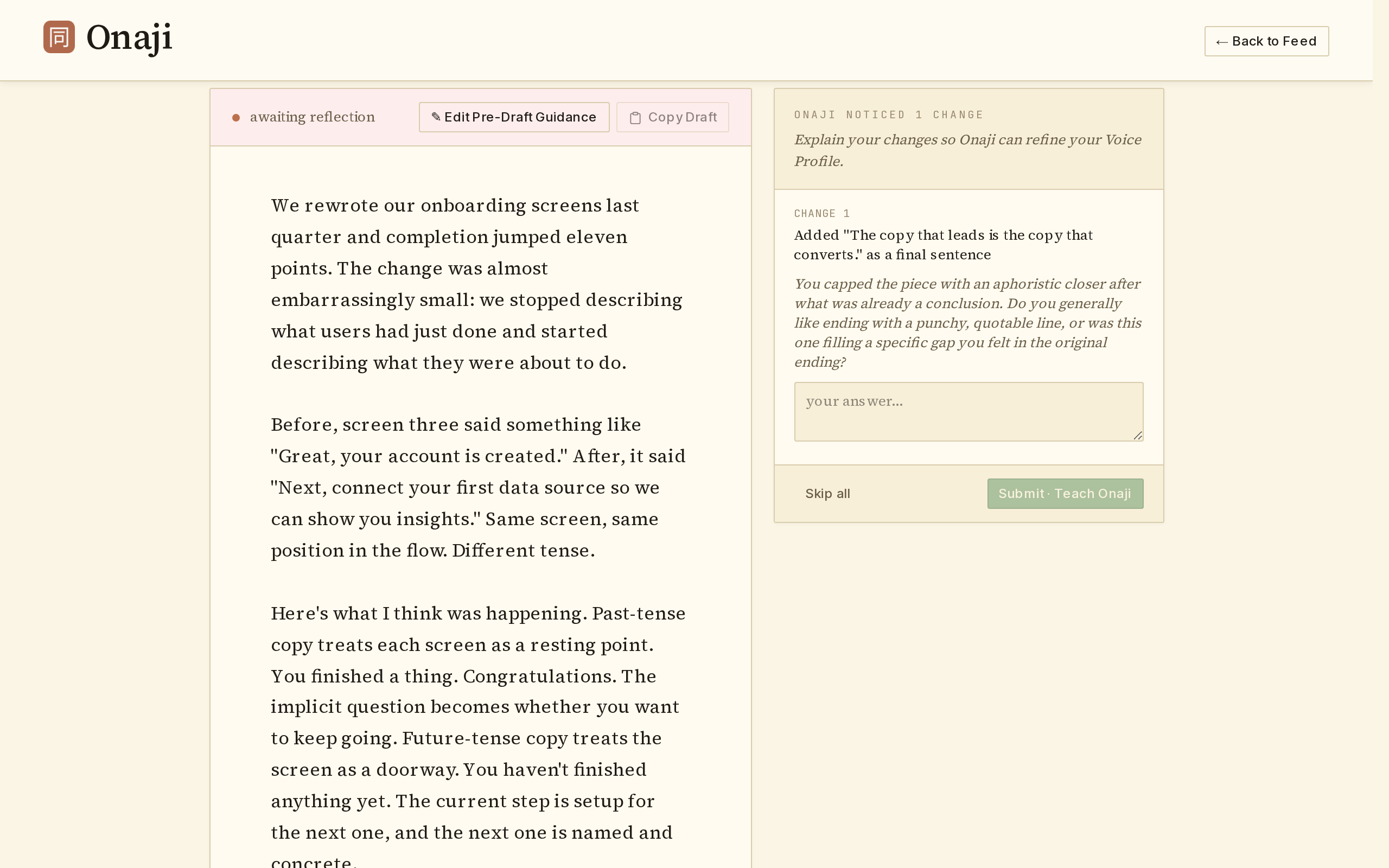 Onaji draft editor with Copy draft action for LinkedIn handoff