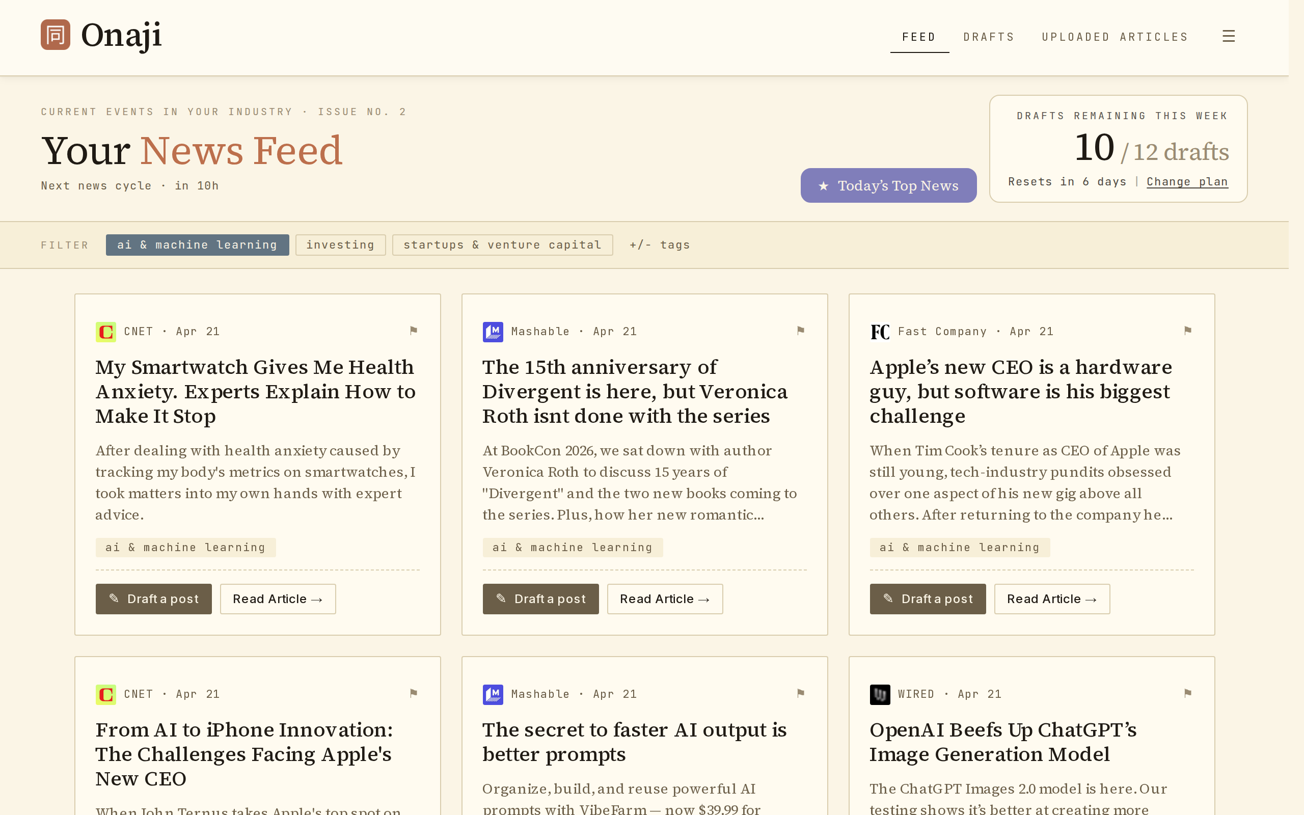 Onaji feed masthead with the purple Today's Top News button in the header