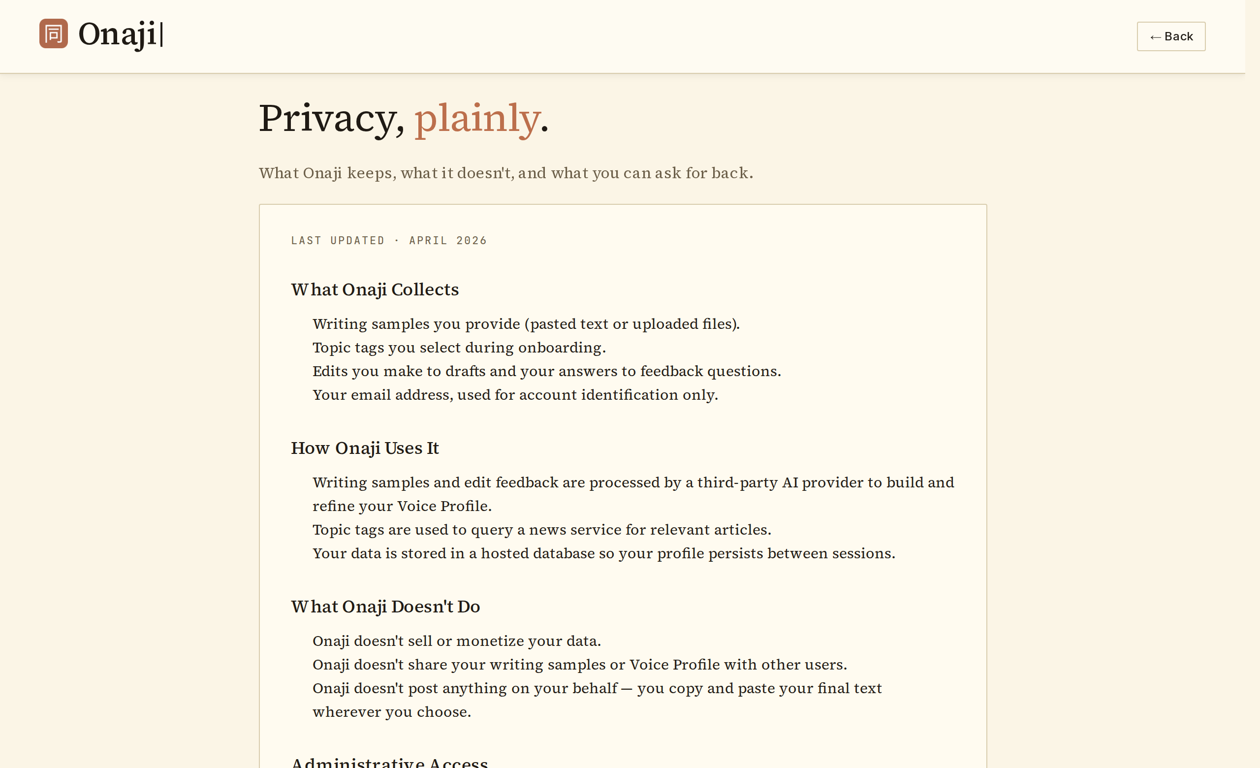 Onaji privacy policy section on stored data