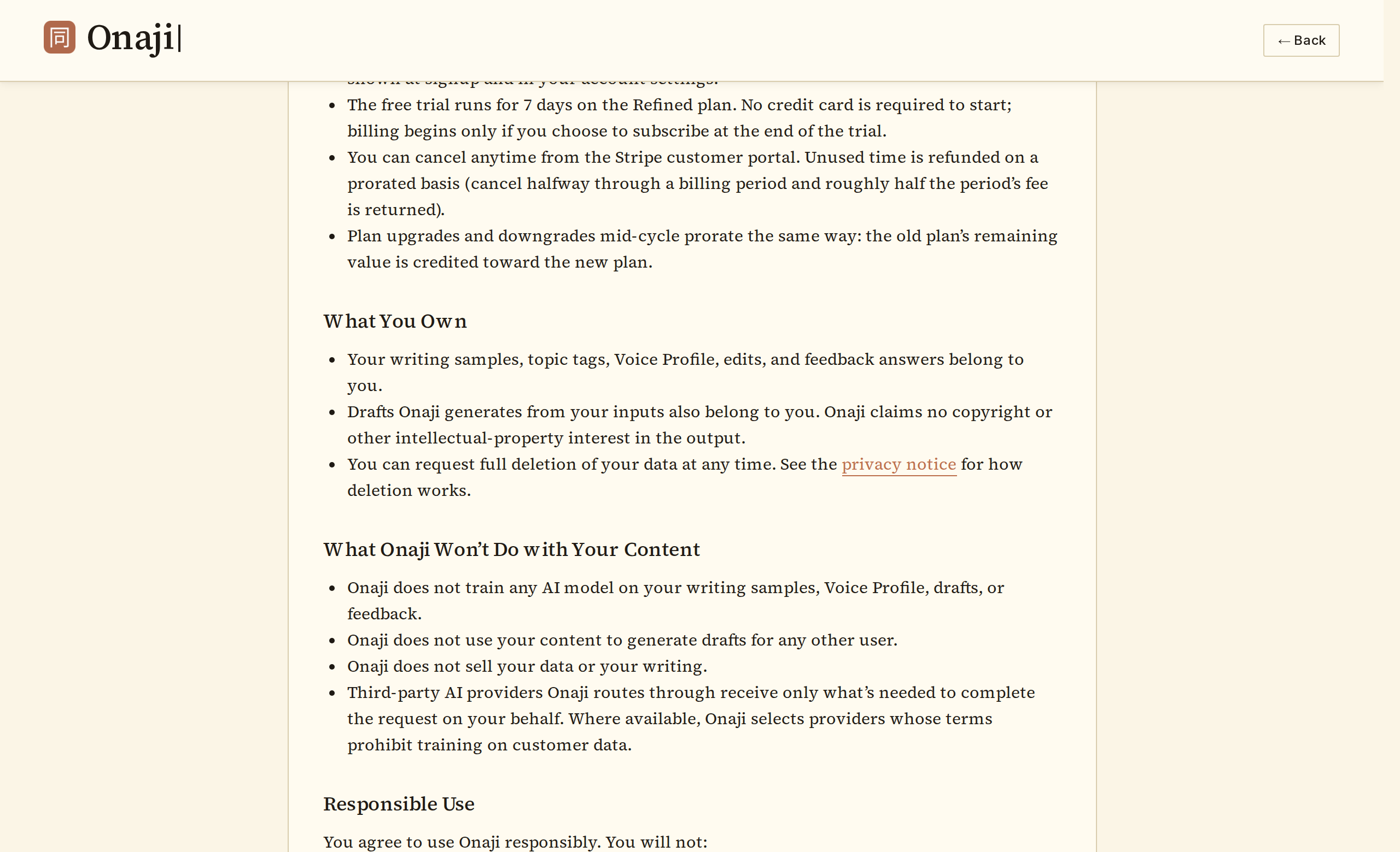 Onaji privacy policy section on writing ownership