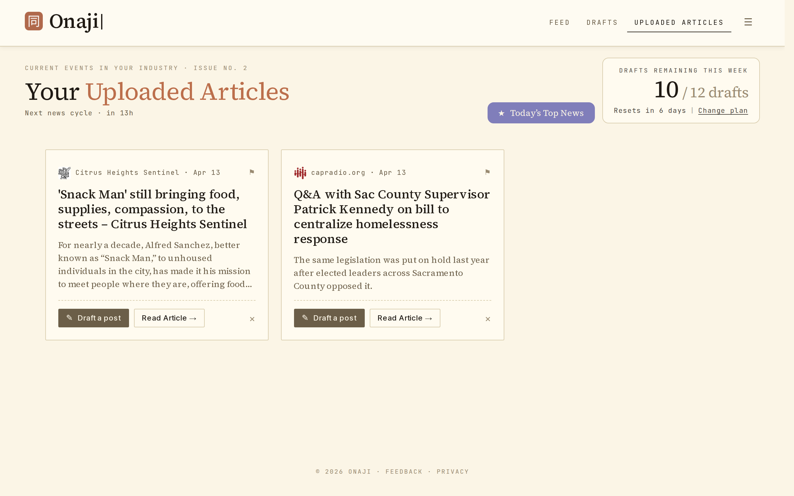 Onaji Uploaded Articles view with per-card Draft a post and remove actions.