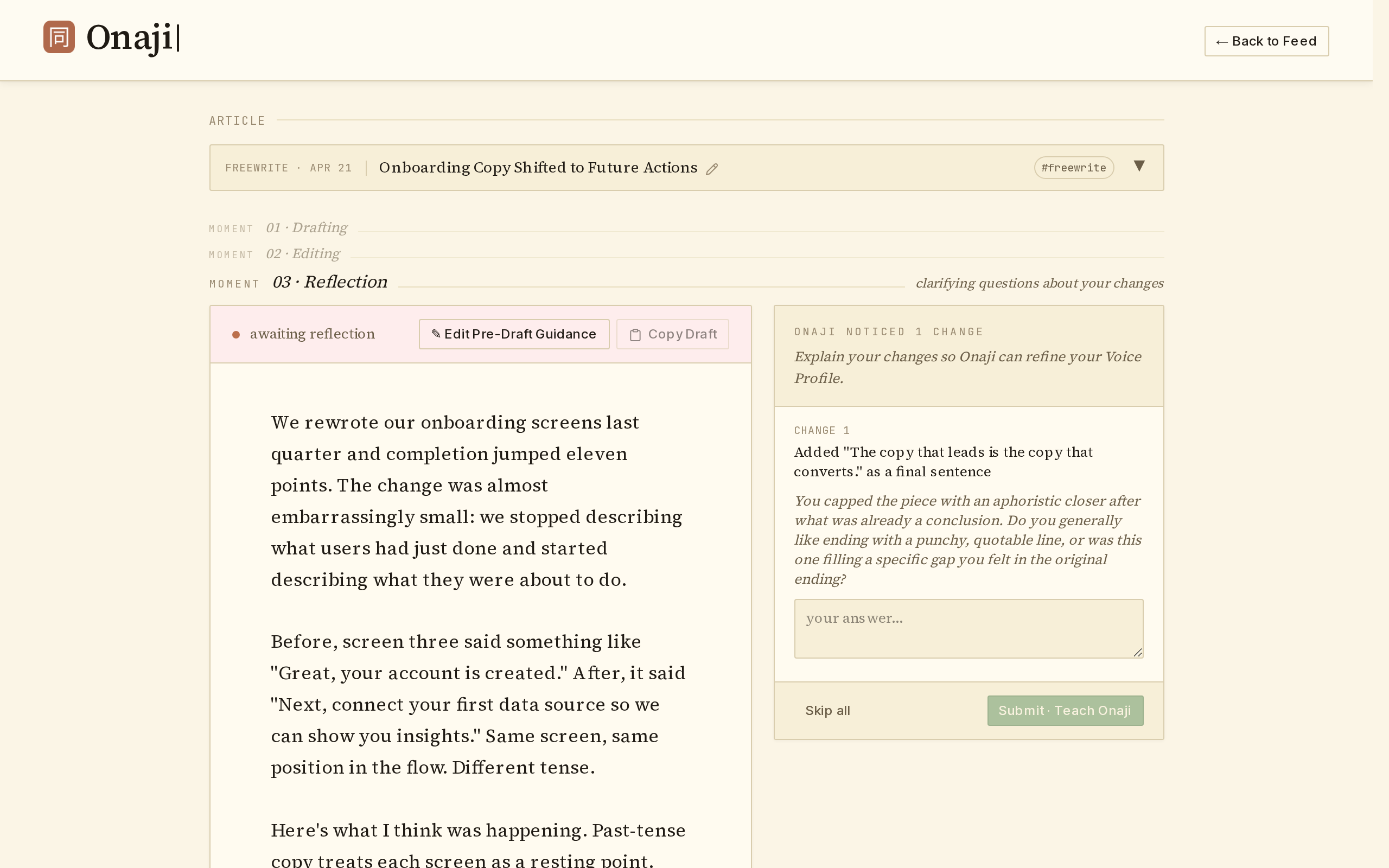 Onaji draft editor showing the moment timeline, editable body, and change log.