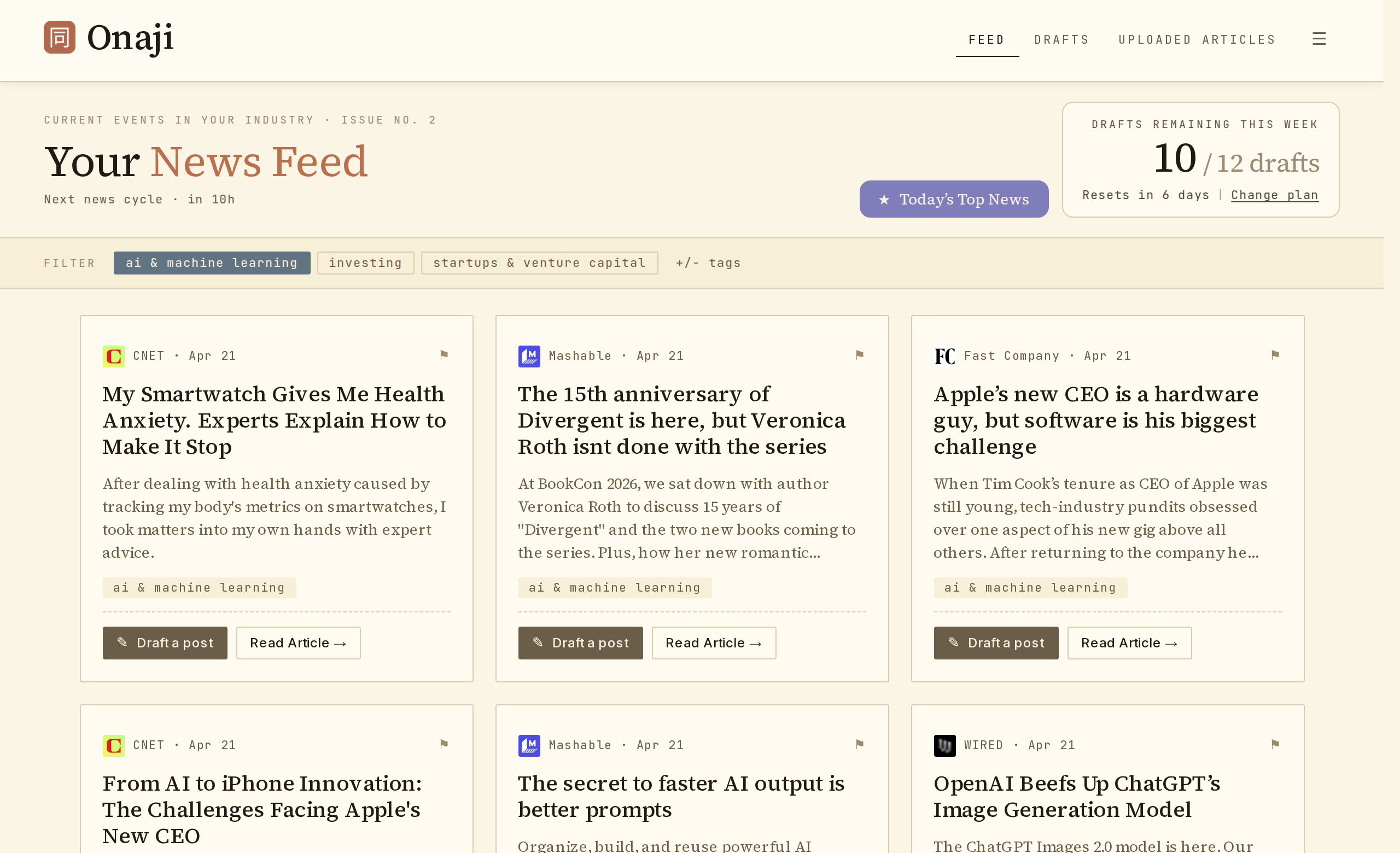 Onaji feed filter row with topic tags beneath the masthead