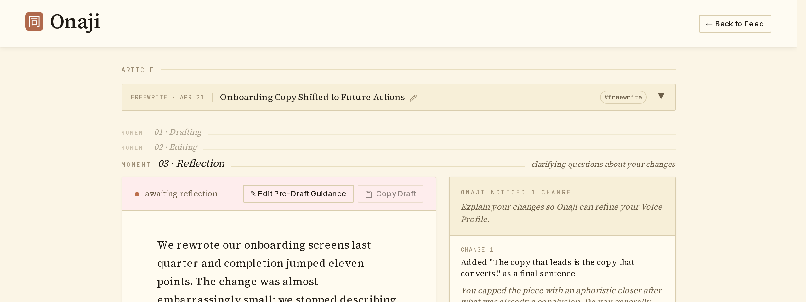 Onaji draft editor top bar with the Edit Pre-Draft Guidance control.