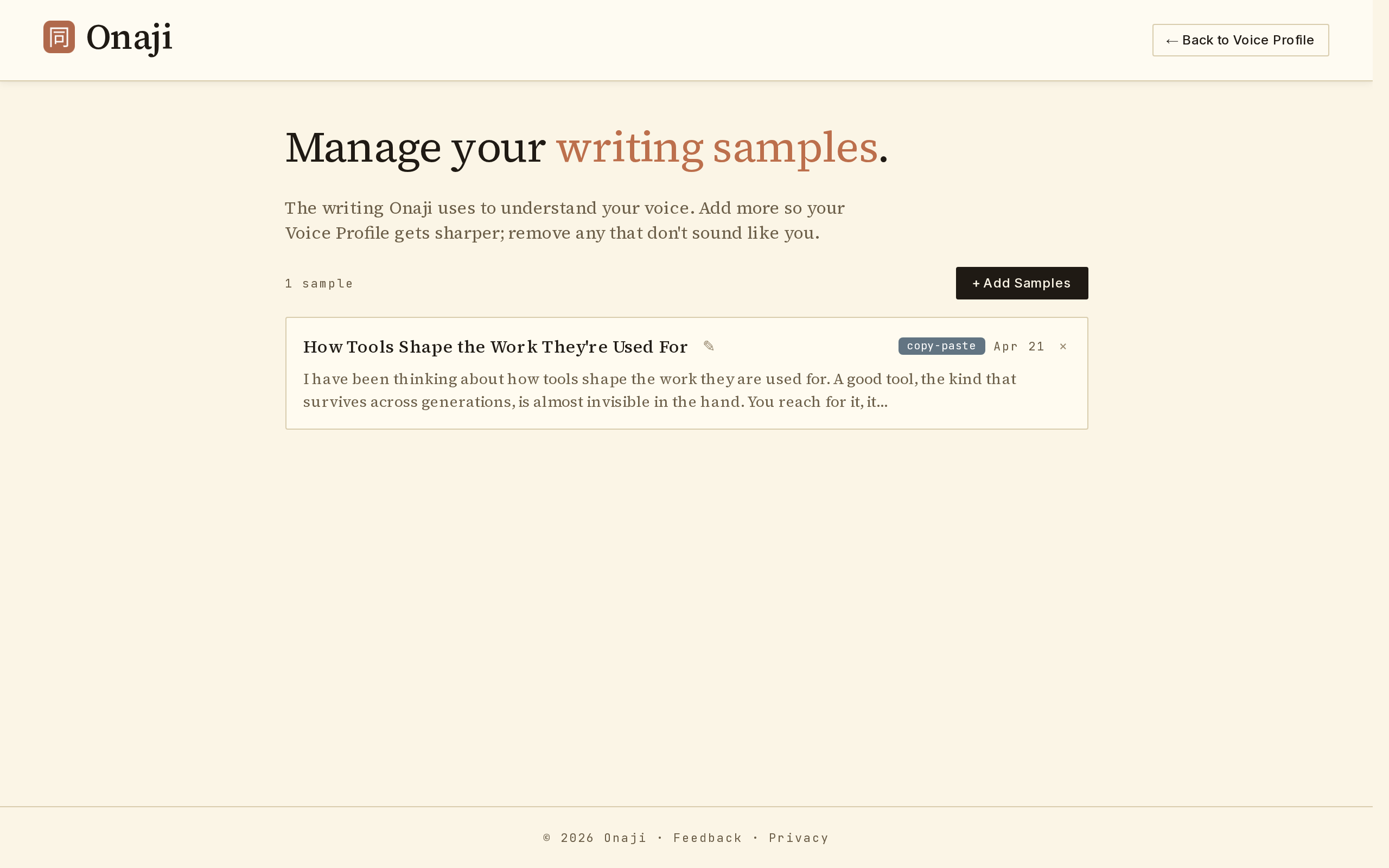 Onaji writing-sample card with rename pencil icon and delete × control