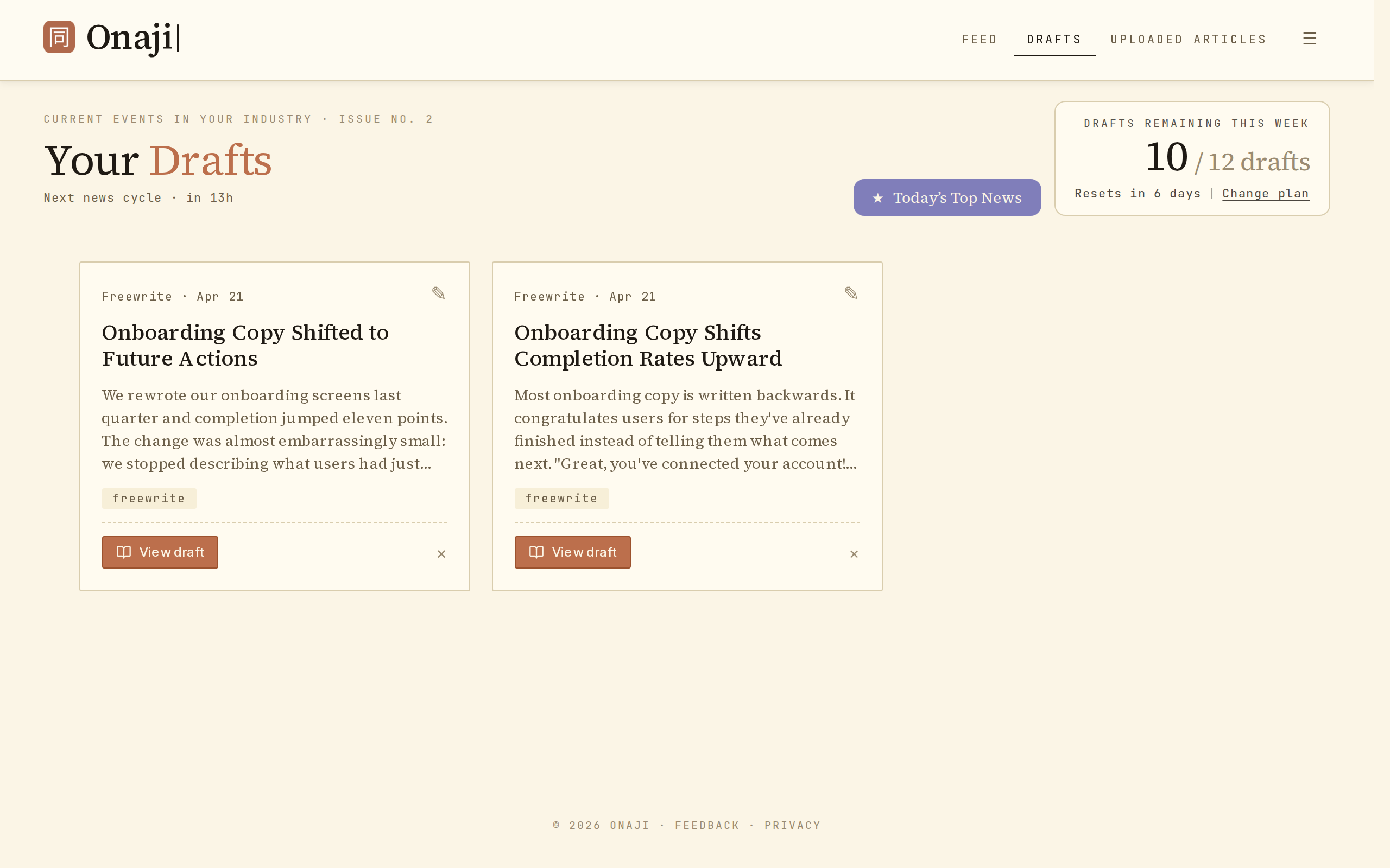 Onaji Your Drafts view with freewrite cards and View draft actions.