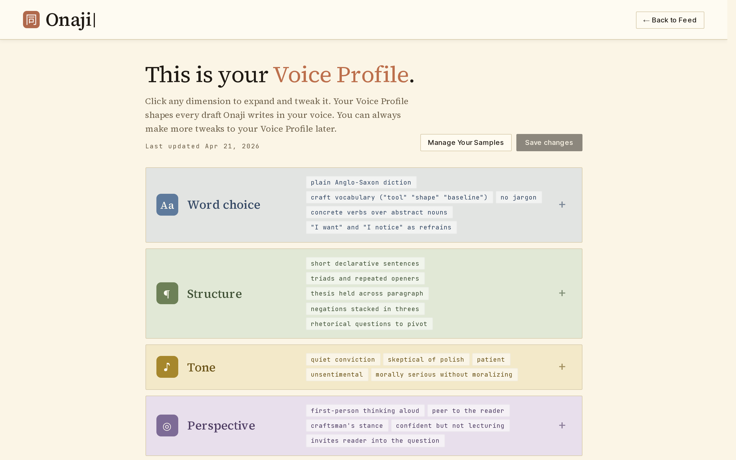 Onaji Voice Profile page with Word choice, Structure, Tone, and Perspective dimensions